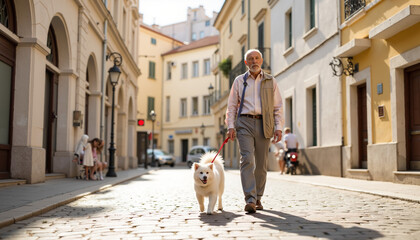 Elderly man walking a dog on cobblestone street in sunny city