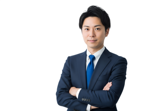 confident asian businessman in blue suit isolated on transparent background for corporate use

