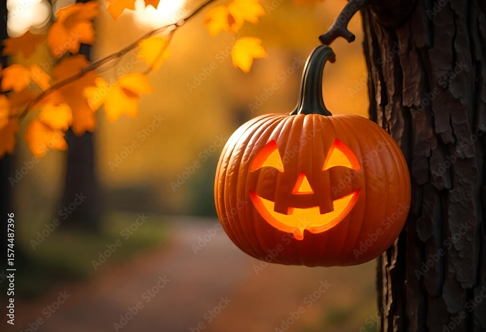 Wall mural a carved pumpkin with a joyful face hangs from a tree branch, bathed in soft, natural light, carved 