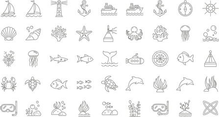 A collection of nautical themed line art icons depicting sea creatures, boats, and other ocean related symbols