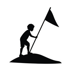 Silhouette of child planting flag on hilltop against white background vector