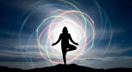 Silhouette person in yoga pose colorful light