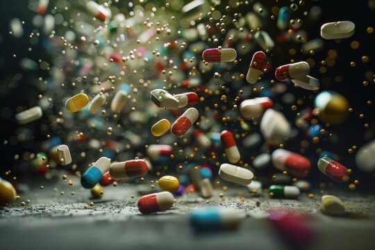 Many colorful pills and medical capsules falling and bouncing on the floor, creating a dynamic and dramatic scene