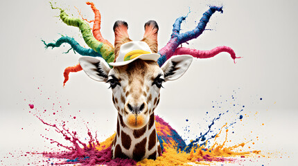 Naklejka premium A giraffe with a hat and rainbow paint splashes
