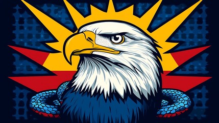 Close-up illustration of an eagle's head with a snake wrapped around it.