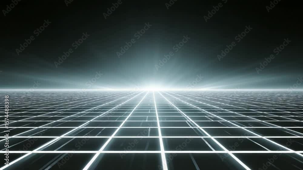 Poster digital grid perspective: a digitally rendered grid of lines extends towards a radiant, bright light