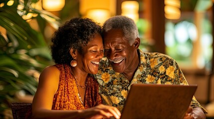 A happy senior couple using a laptop
