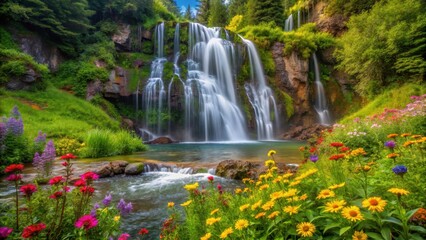 Fototapeta premium Waterfall surrounded by lush greenery and vibrant wildflowers