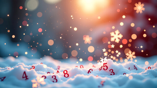 colorful winter wonderland scene features sparkling snowflakes amidst swirling vortex numbered confetti set backdrop - Powered by Adobe