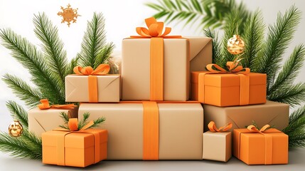 Obraz premium Stack of wrapped gifts with festive decorations.