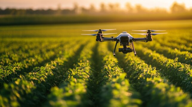 A drone equipped with a camera flies over a lush green agricultural field during golden hour, monitoring crop health and growth.
