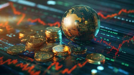 A digital globe and stacks of Bitcoin coins on a financial graph display symbolize global cryptocurrency trading and blockchain technology.