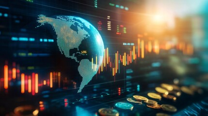 A digital globe with stock market graphs and financial data overlays represents global finance and economic trends in a futuristic setting.