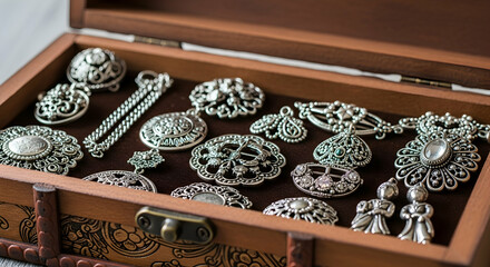 Silver jewelry collection in wooden box