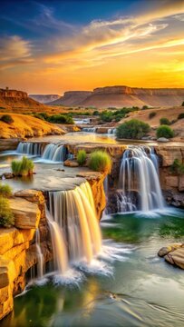 Majestic Wadi El Rayan Waterfall at sunset