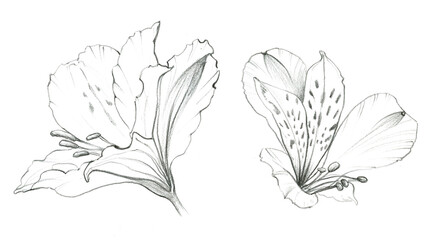 Astromelia flowers. Pencil sketch of exotic plant. Botanical hand drawn illustration isolated on white background. Collection of realistic drawings