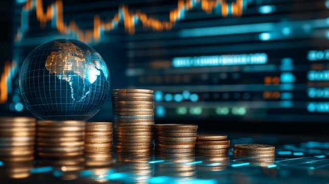 A globe rests beside ascending stacks of coins with a digital stock market graph in the background, symbolizing global finance and economic growth.