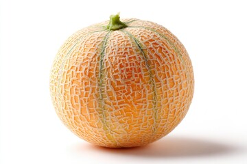A whole round cantaloupe with a textured rind sits on a white surface
