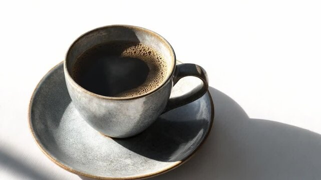Morning Brew: A ceramic cup, filled with rich, dark coffee, sits on a matching saucer, basking in the soft glow of natural light, ready to kickstart the day.