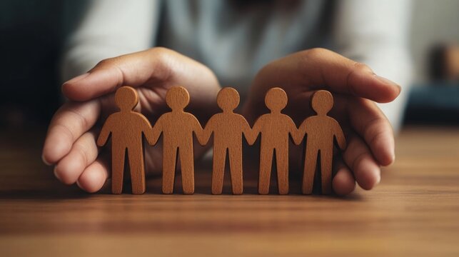 Hands gently protect a line of paper cutout people figures, symbolizing unity, care, and community support.