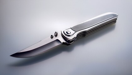closeup of a silver folding knife blade extended lying on a white surface with soft lighting