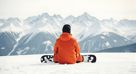 Person sitting on snowboard facing mountain range