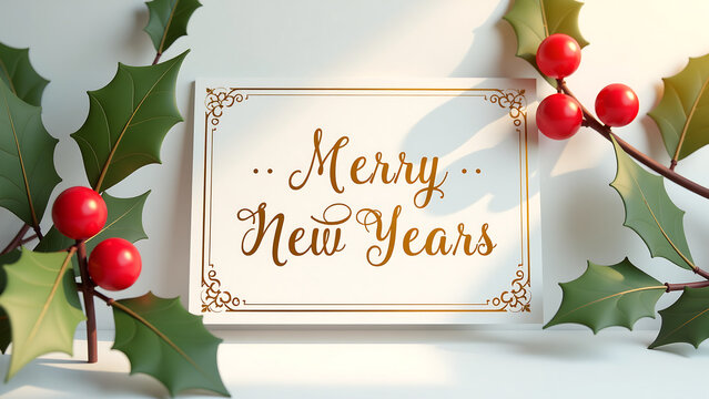 golden ornate christmas card cheerful new year message adorned festive holly berries set soft white