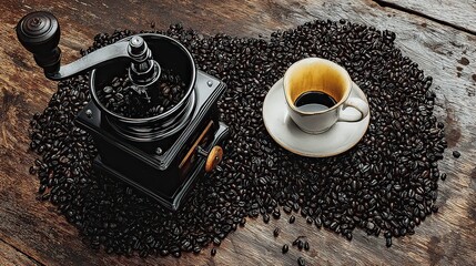 Rustic coffee grinder, beans, espresso, wood table, brewing
