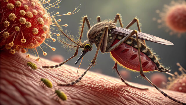 Mosquito biting skin close up vector illustration of disease carrying insect and viruses spread ick