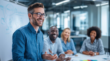 Obraz premium Group of business people in an office sitting around a table, discussing ideas. A man holds a pen and points at a blank whiteboard, promoting teamwork, planning, and strategy