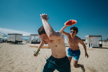 Two friends humorously engage in a playful summer activity on a sandy beach. Their joyous...