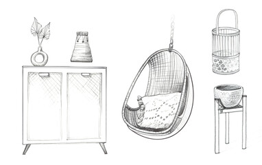 Interior details and furniture. Pencil sketch. Set of hand drawn illustration isolated on white background. Realistic design cozy home styling