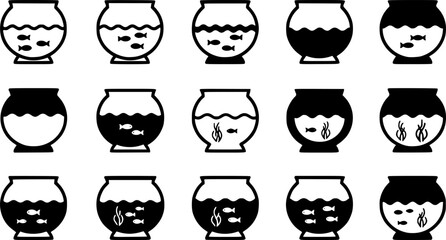 A collection of black and white vector illustrations of fishbowls at varying fill levels
