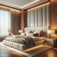 A Luxurious bedroom interior design: A bedroom with a large bed and wooden floors.