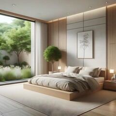 A Luxurious bedroom interior design: A bedroom with a large bed and wooden floors.