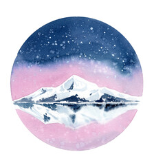 Watercolor winter landscape. Snow mountain and night sky. Expressive watercolor sketch on white background. Christmas card. Hand drawn realistic illustration in circle frame