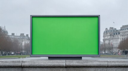 A luminous green billboard stands solitary under a brooding sky, evoking Cyber Monday intrigue and World Urbanism Day reflections