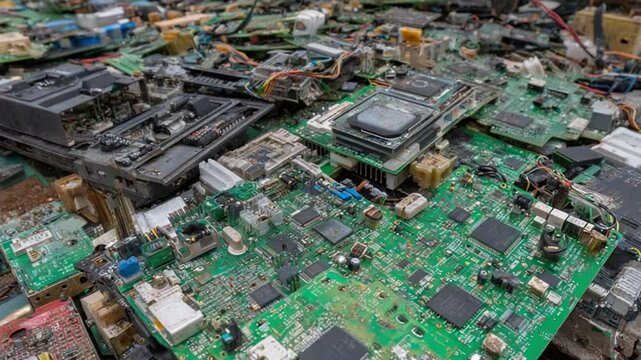 Electronic Waste Pile: A chaotic collection of discarded circuit boards and electronic components symbolizing the environmental challenge of e-waste and technology's rapid obsolescence.