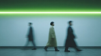 Blurry figures glide in a neon-lit corridor, evoking urban anonymity and dynamic solitude; relatable to International Space Day
