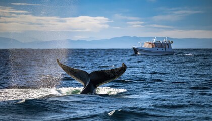 Fototapeta premium Whale tail breaches the ocean surface near a whale watching boat in sunny marine waters during a vibrant summer day