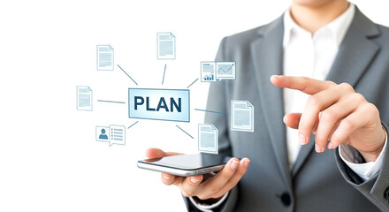 Businessman presenting project plan with flowchart icons representing strategy and business planning