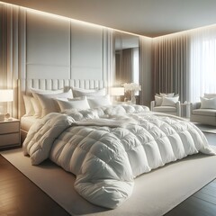 A Luxurious bedroom interior design: A bedroom with a large bed and wooden floors.