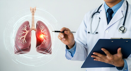Doctor pointing to digital lungs illustration representing respiratory health and medical education