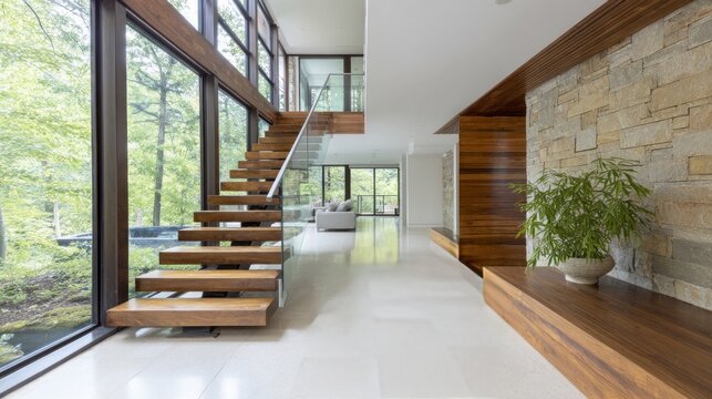 Modern sunlit atrium with floating timber stairs, zen tranquility, eco-conscious architecture, inspired by Earth Day serenity
