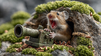 Hamster with cannon on the stone in the forest. Wildlife scene from nature.