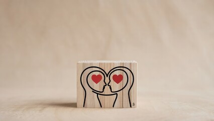 Two loving heads with hearts on a wooden block symbolizing connection