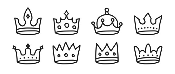 Set of hand drawn crowns. Crowns in doodle style. Vector