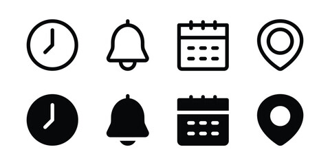time, date, notification bell, and location vector icons set. glyph and outline style. solid and line icon style.