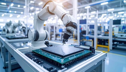 Industrial robotic arm assembling electronic components in a modern factory with machinery in the background