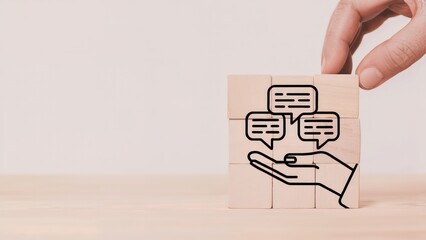 Wooden blocks display communication in hand illustration concept